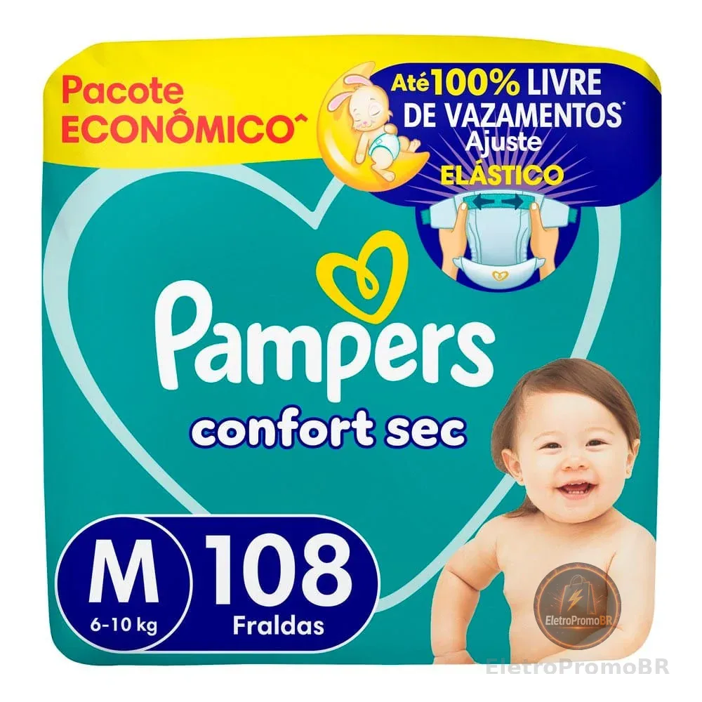 Fralda Pampers Confort Sec Tamanho M 108 Unidades Descartáveis Pacote Econômico