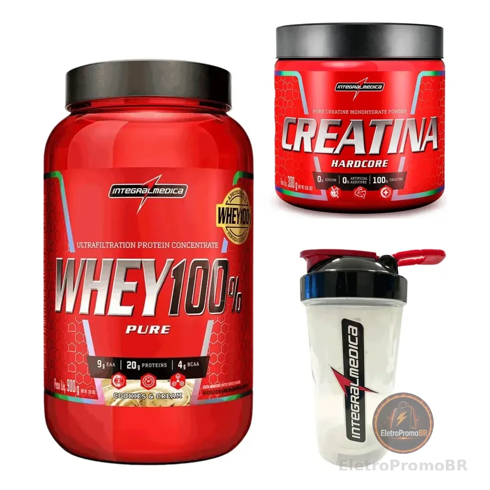 Kit Whey 100% Pote 900g + Creatina 300g + Coqueteleira 600ml Cookies And Cream