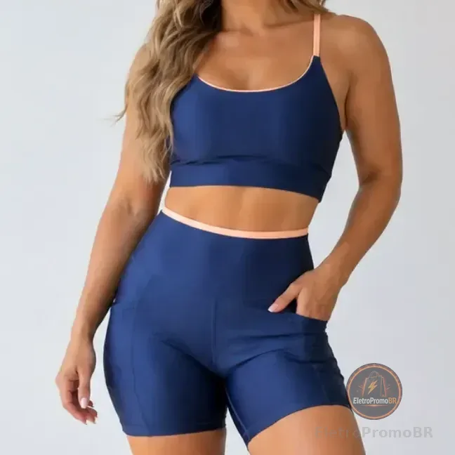 Conjunto Academia Fitness Top E Short Kit Zero Transparência Azul/areia Lisa M 38/40