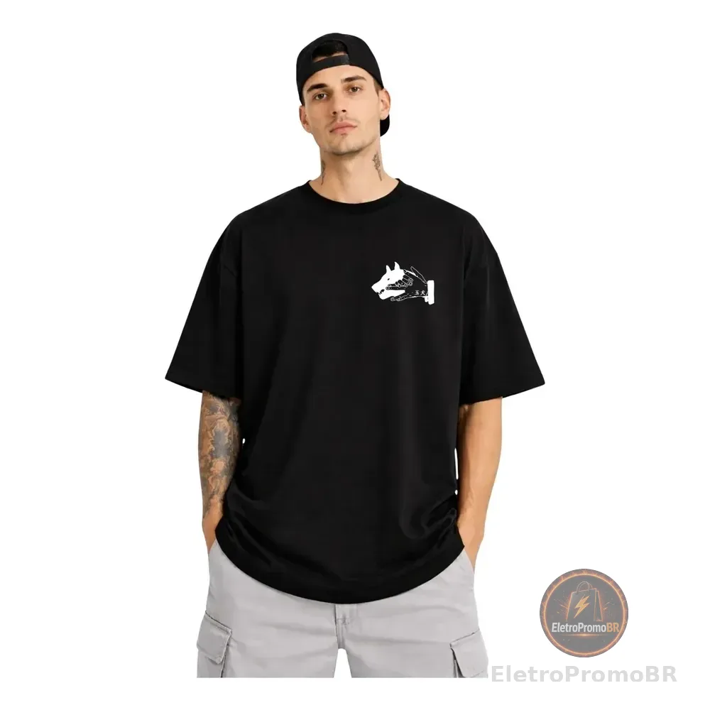 Camiseta Oversized Algodão Masculina Estampadas Estilosas Preto Megumi M