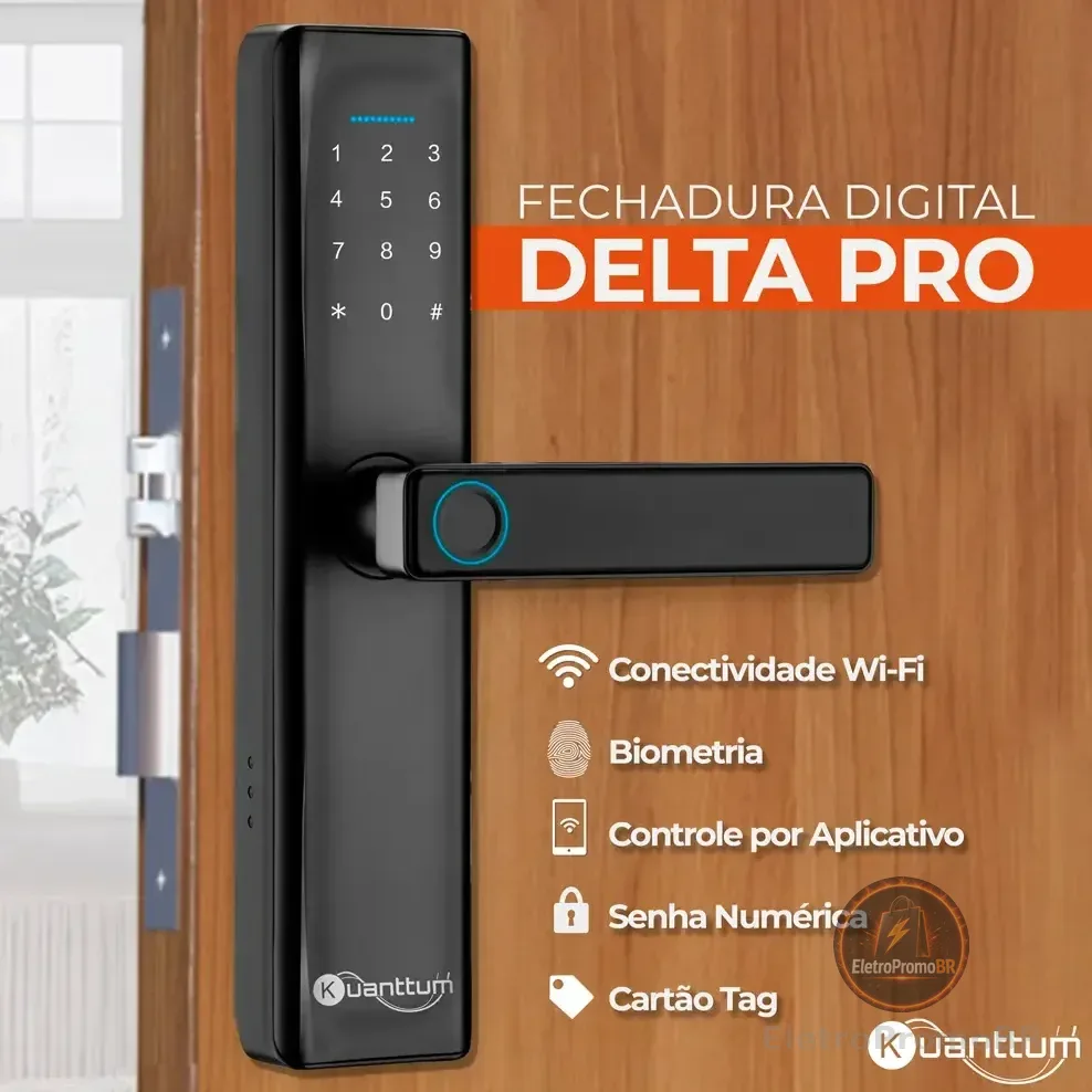 Fechadura Eletronica Digital Com Biometria Senha Kuantttum Delta Pro Preto