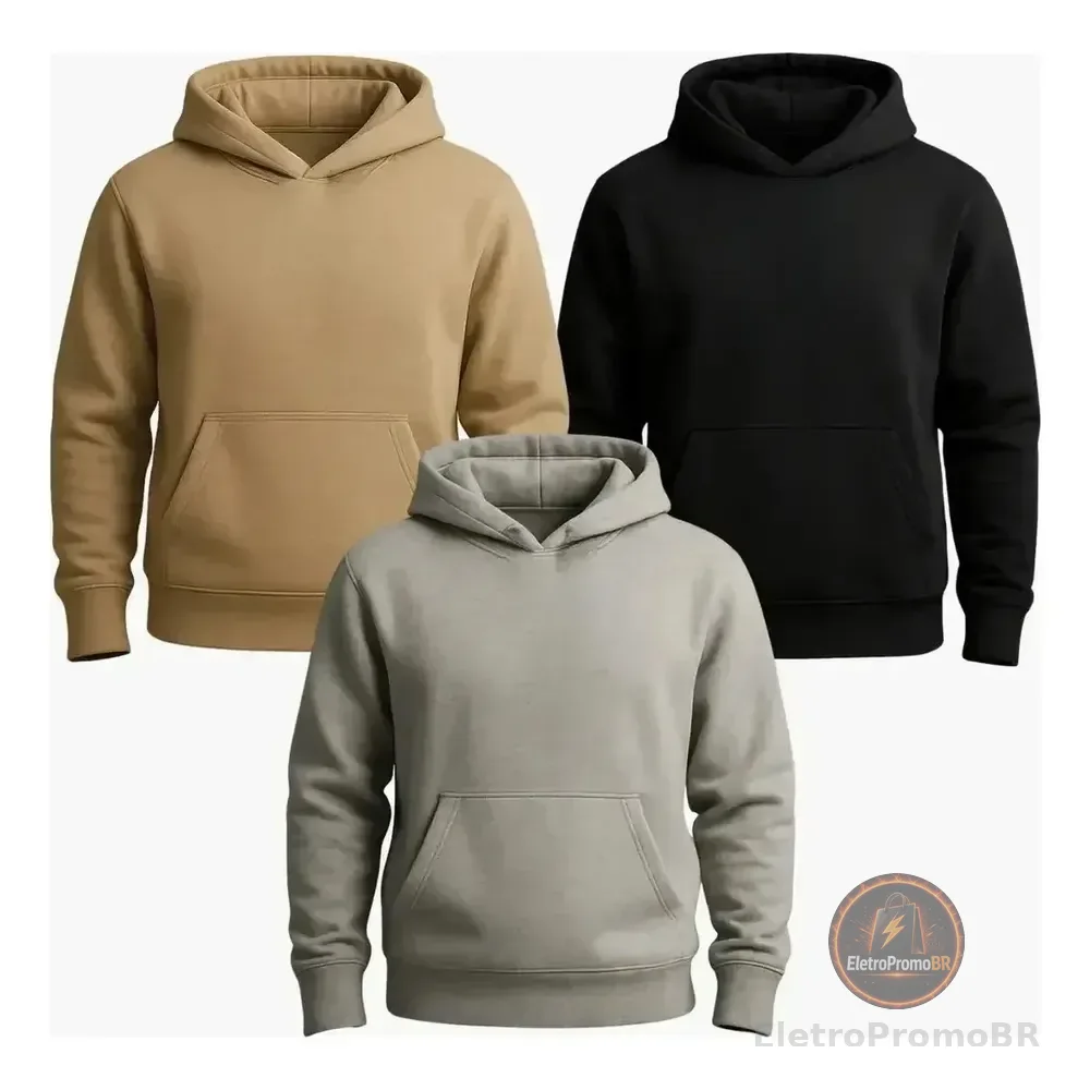 Kit 3 Moletom Canguru Liso Flanelado Blusa De Frio Unissex Gg Kit Bege / Preto / Cinza