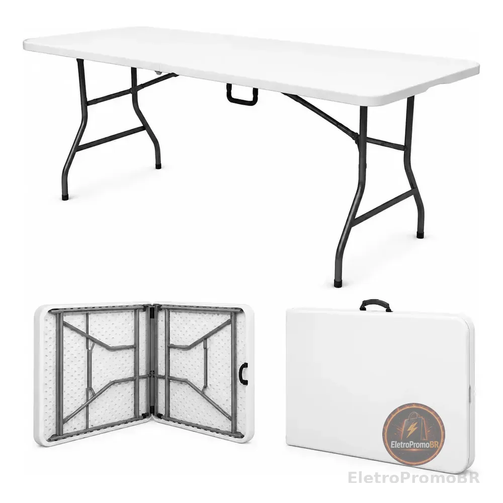 Mesa Dobrável Camping Pesca Acampamento Area Externa Festa Portatil Luxena Branca De 1,8m Com Alça Vira Maleta Branco