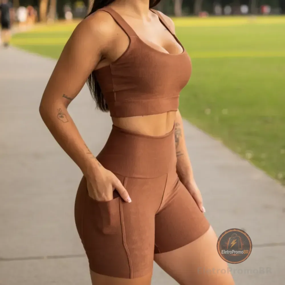 Kit Conjunto De Academia Top E Short Para Corrida Canelado Marrom M (42)