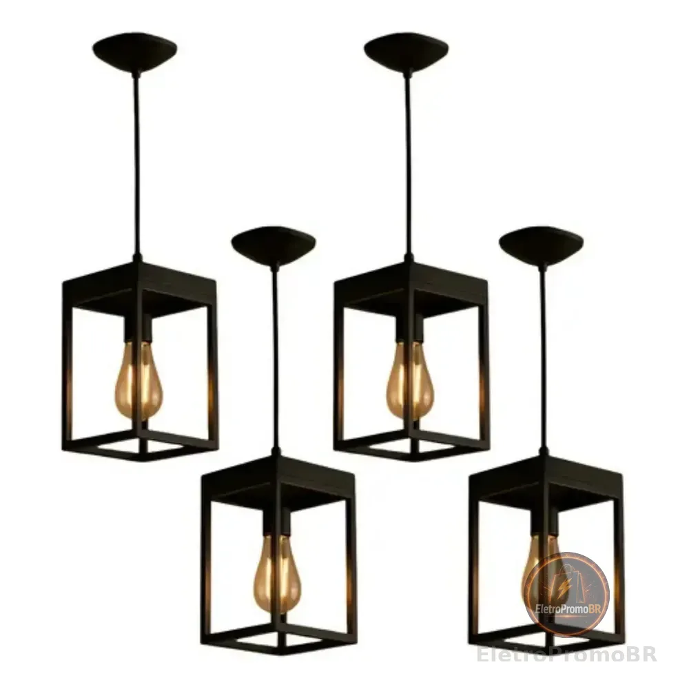 4 Pendente Lustre Luminaria Teto Industrial De Madeira Preto 127/220v Preto