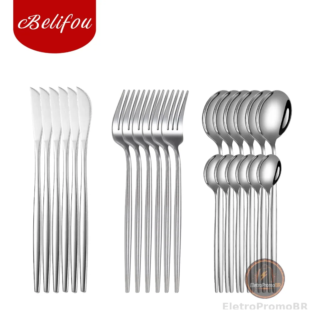 Belifou Kit 24 Jogo De Talheres Aço Inoxidável Prata Louça Dourada