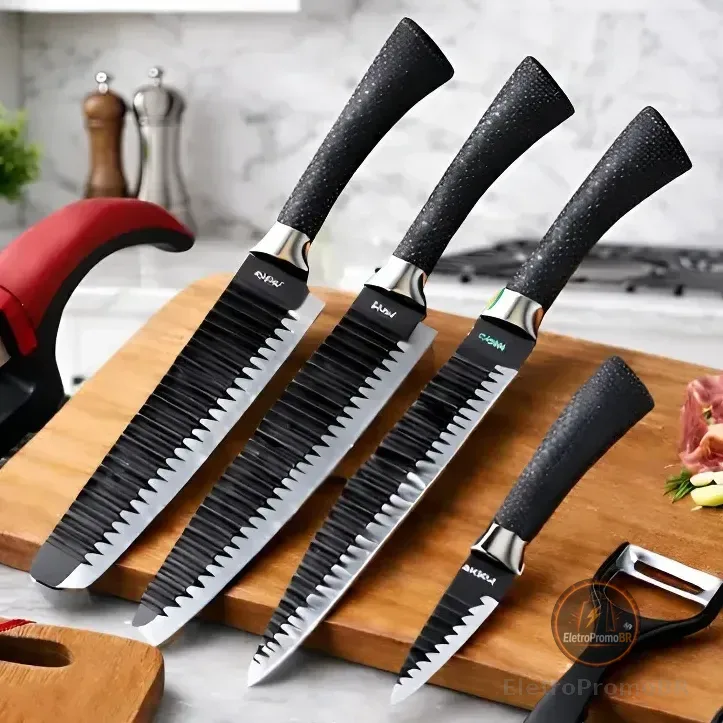 Jogo De Facas Inóx Conjunto 8 Peças Kit Cozinha Churrasco Premium + Tábua Aquattro Preto