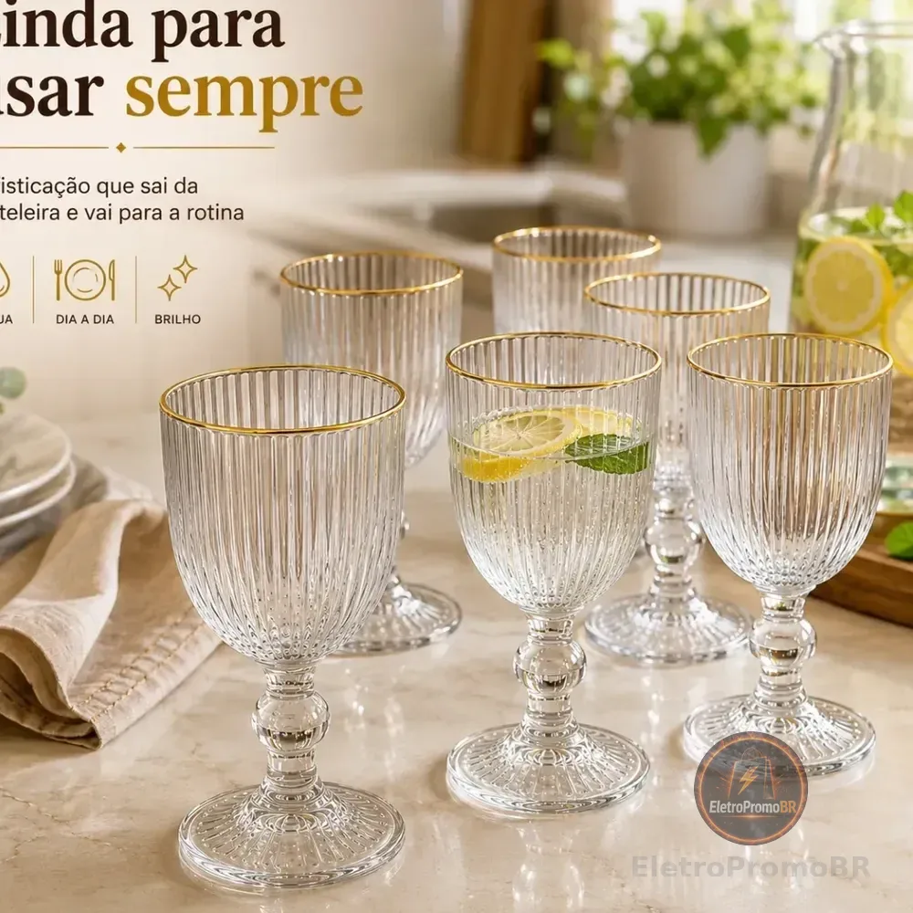 Kit De 6 Taças De Vidro Canelado Com Borda Dourada Para Água, Vinho E Suco Pratitudo Essencial Versalhes Gold 340 Ml Transparente Com Borda Dourada
