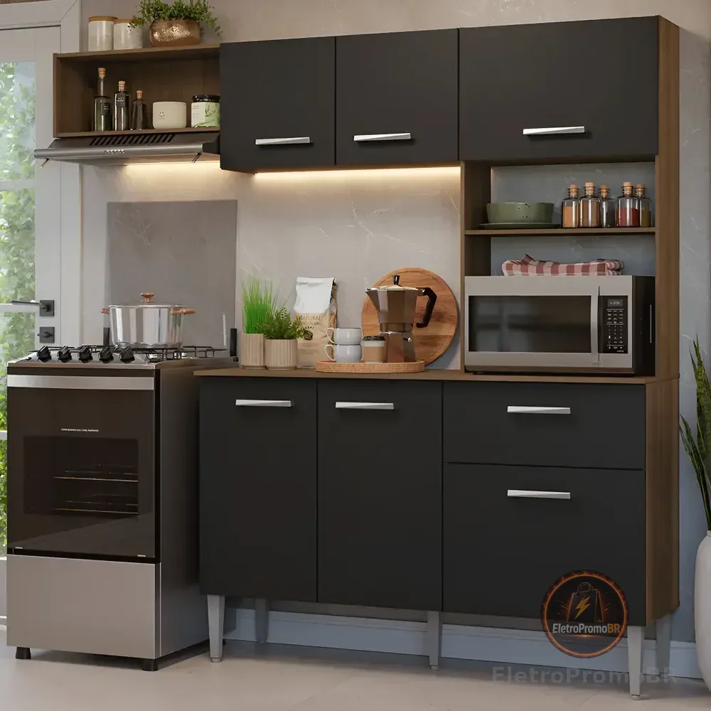 Armário De Cozinha Compacta 196cm Rustic/preto Aura Madesa