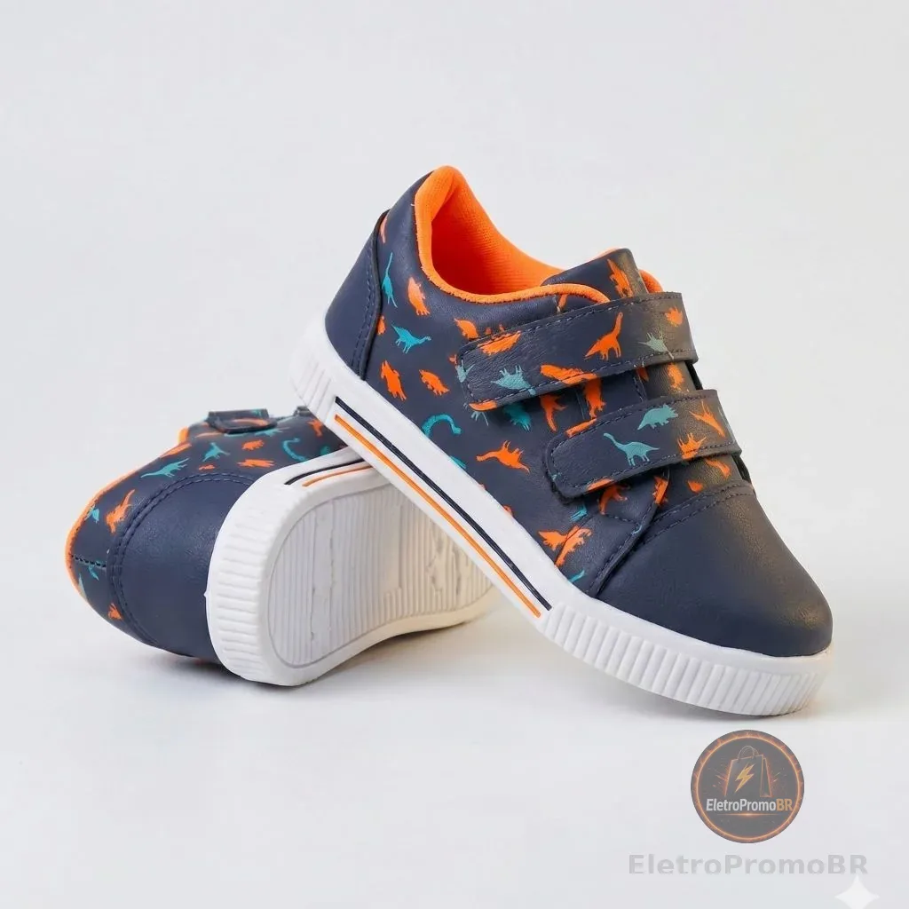 Tenis Infantil Menino Casual Dinossauro Marinho com Laranja Escolar Kidstep