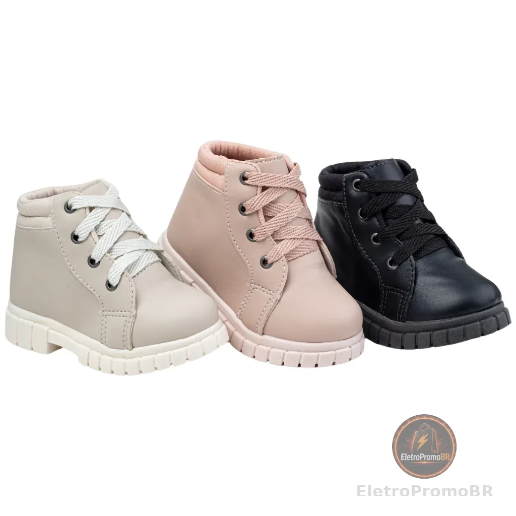 Bota Infantil Coturno 20 ao 27 Cano Curto Cacharréu Preto Nude Off White