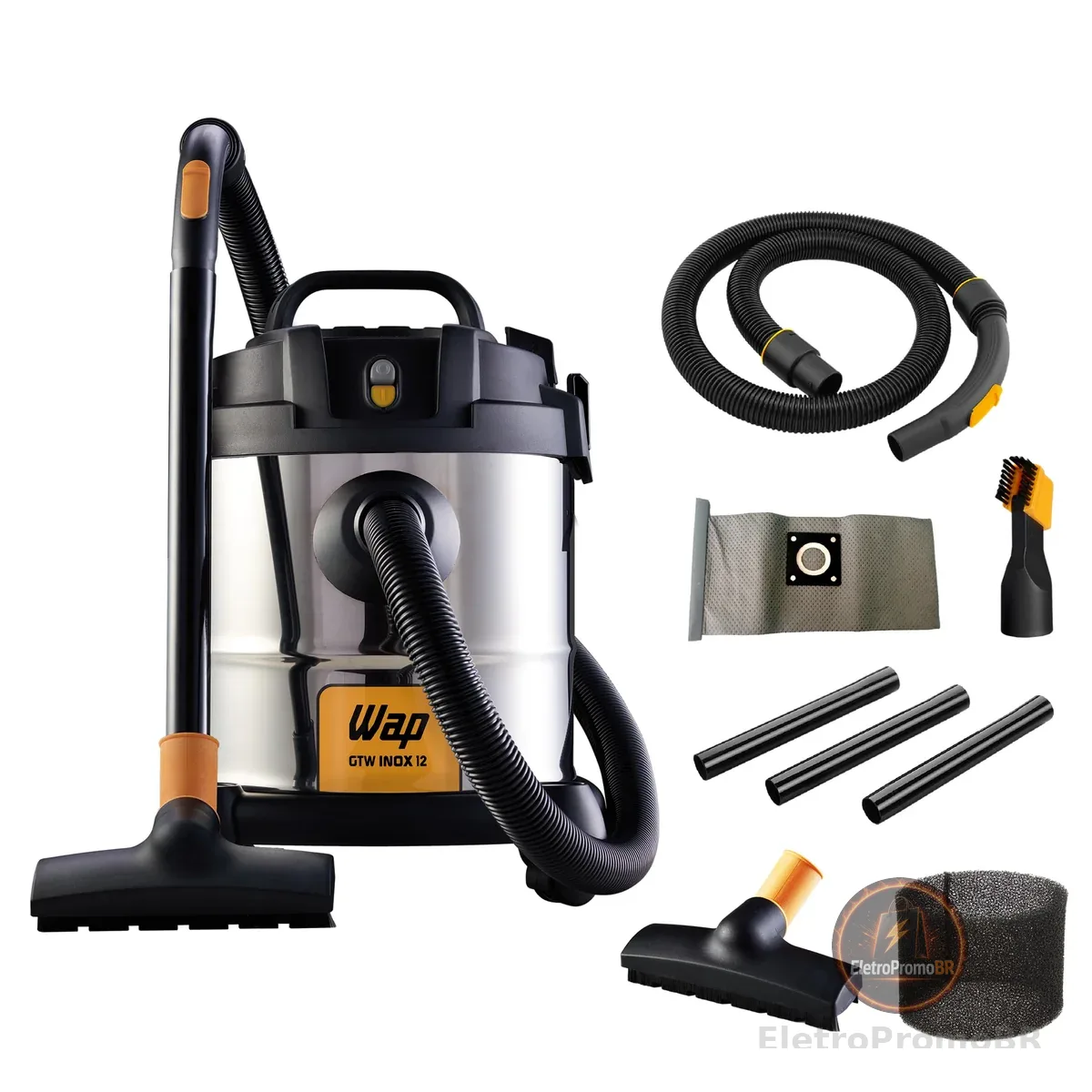 WAP Aspirador de Pó e Água Barril GTW INOX 12, Compacto, 12 Litros, com Filtro Lavável, 160mbar 1400W 220V
