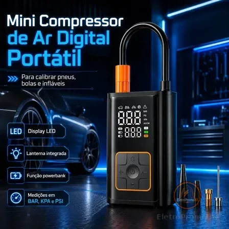 Mini Compressor Digital Portátil Bomba De Encher Pneus Bola Inflável Para Carro Moto Bicicleta Com Calibrador De Ar Preto 127/220v 50 Hz/60 Hz Monofásica