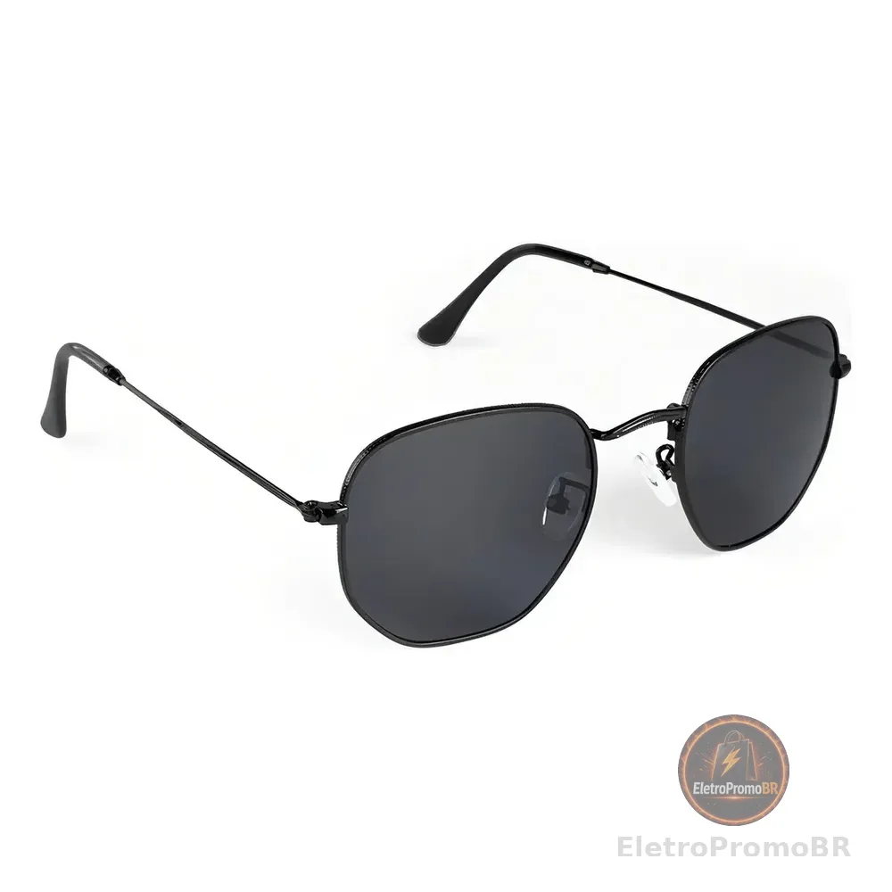 Óculos De Sol Clássico Preto Hexagonal Harbor Black Uv400 Desenho Espelho