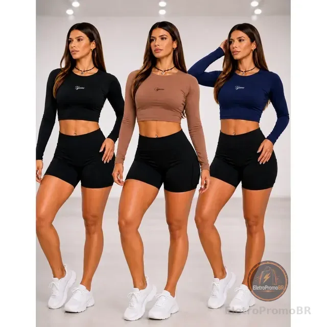 Kit 3 Croppeds Feminino Manga Longa De Academia Esportivo