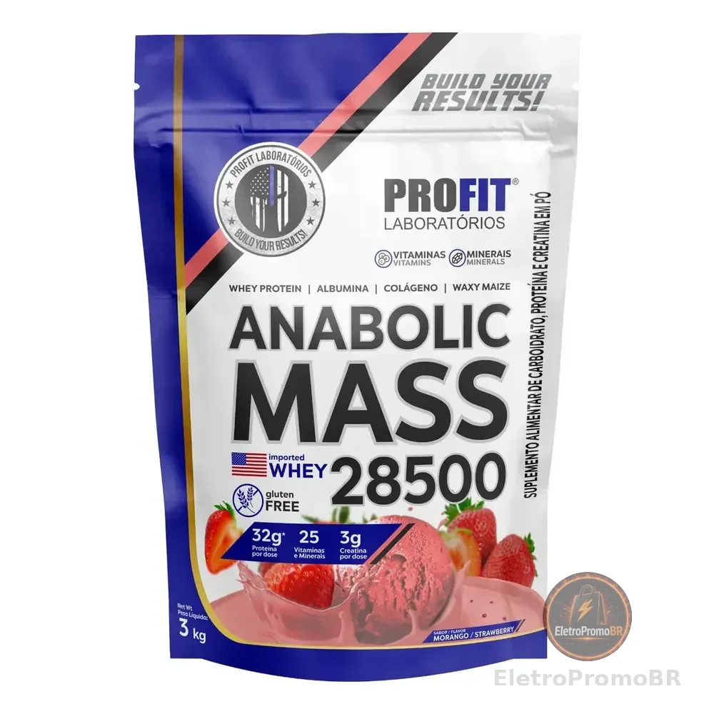 Hipercalórico Anabolic Mass 28500 3kg Profit Labs Sabor Morango