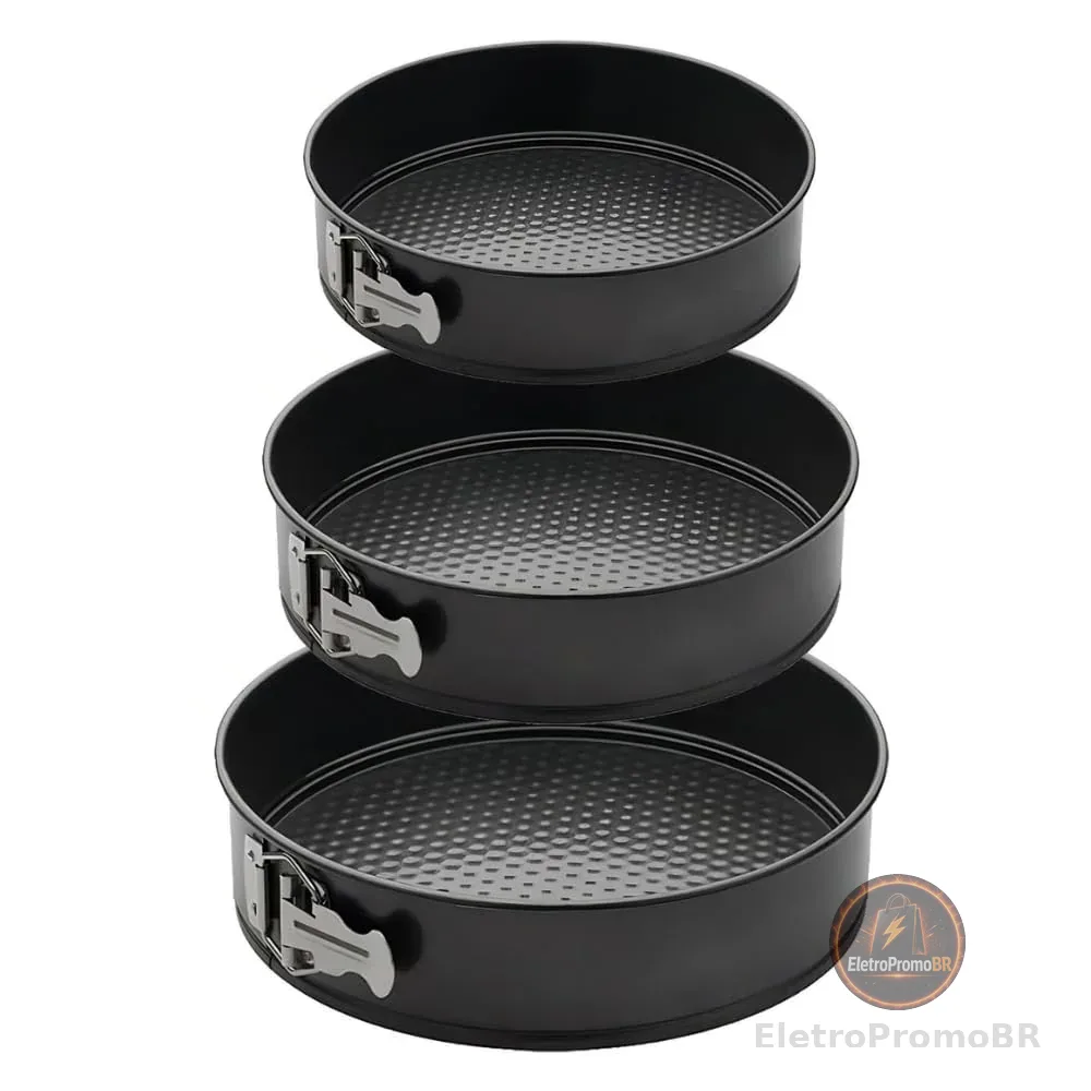 Conjunto 3 Formas Para Bolo Torta Com Fundo Removível Antiaderente Aço Carbono Redondas Preto 24cm 26cm 28cm Premium