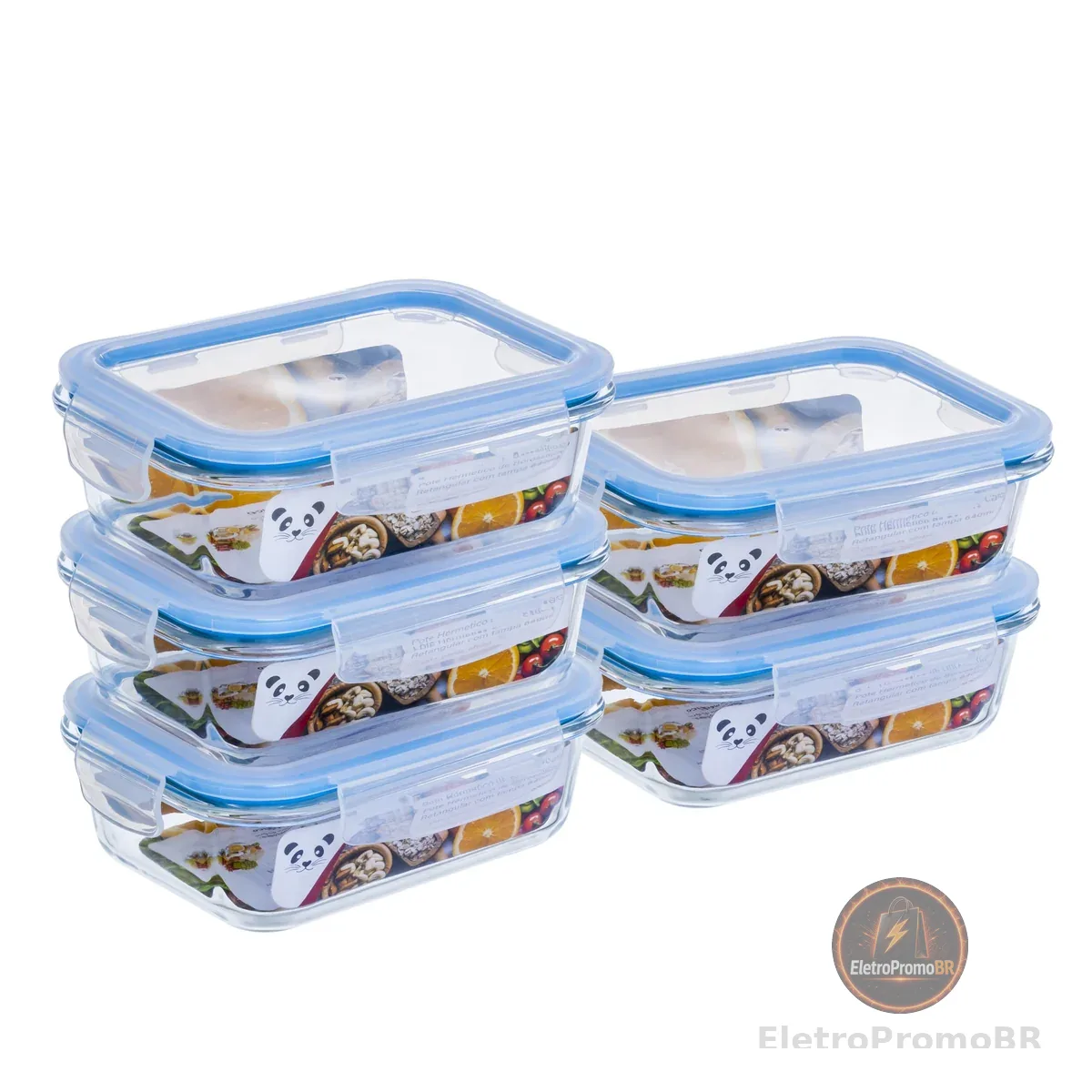 Kit com 5 Potes de Vidro Gato Panda, 640 ml, Retangular, com Tampa Hermética, Azul