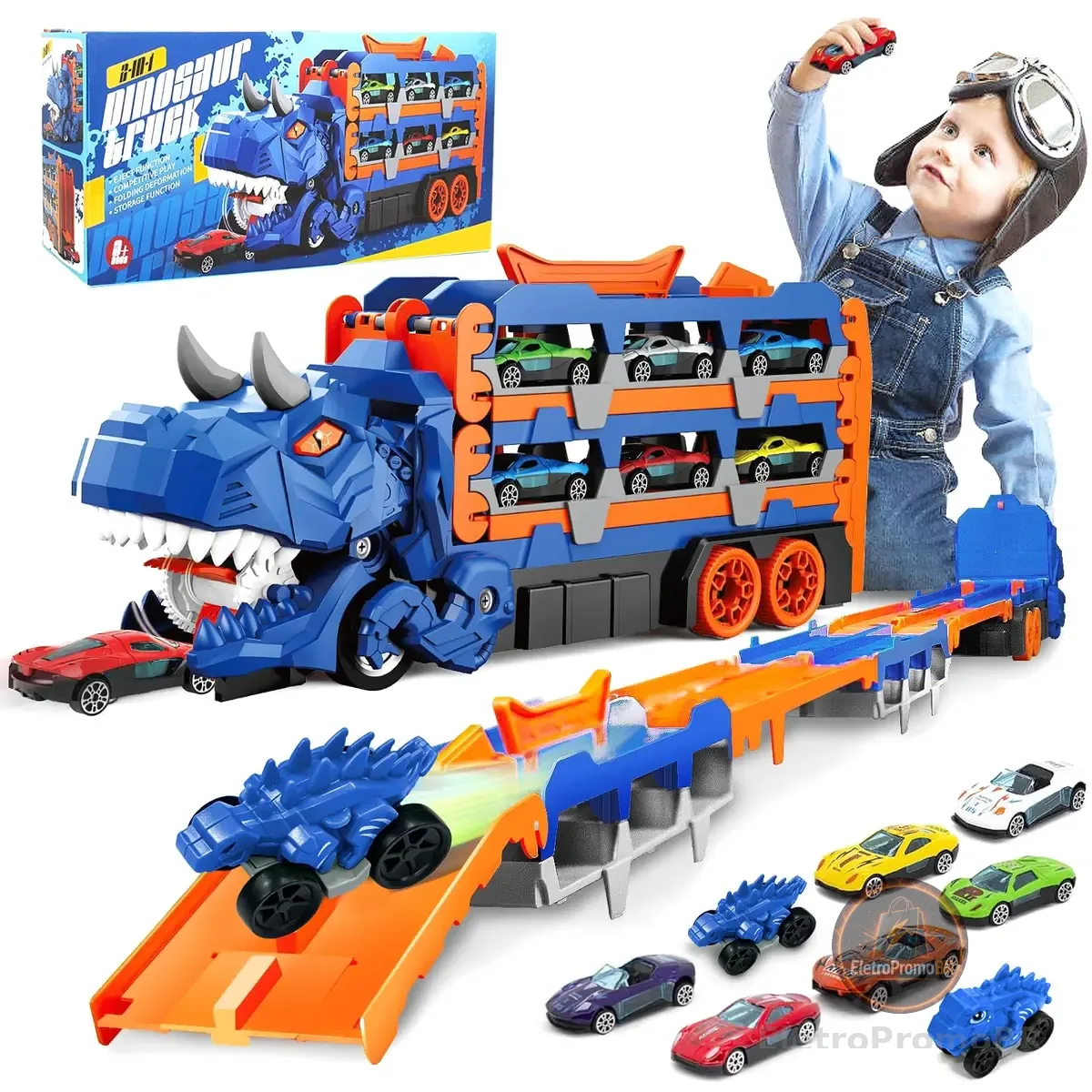 Caminhão Dinossauro Transportador T-Rex, Brinquedo 3 em 1 Interativo que Engole Carrinhos, com Pista Dupla de 145 cm e 8 Carrinhos Inclusos, Vira Maleta, Presente para no Dia das Crianças (Azul)