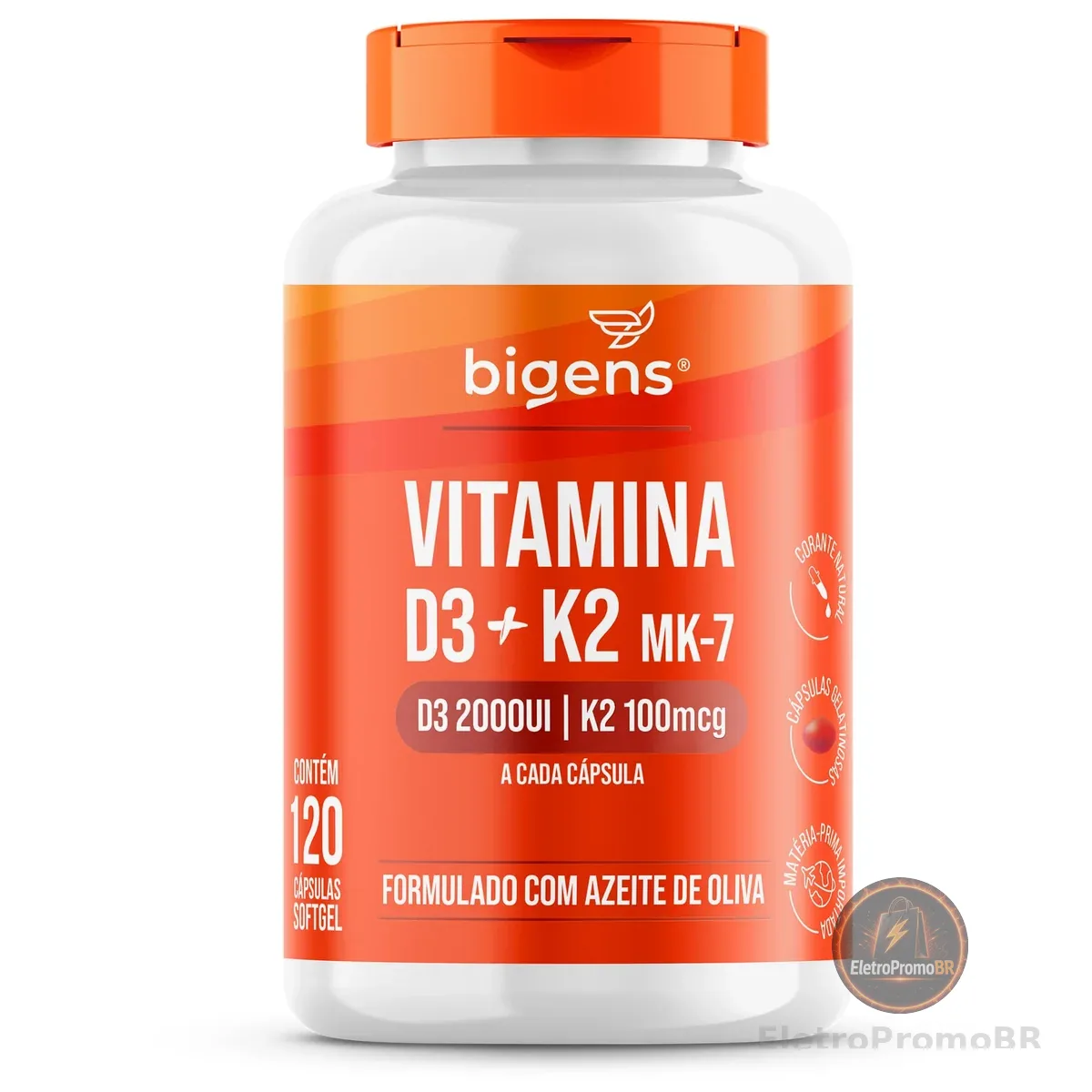 Vitamina D3 2000UI + K2 MK-7 100mcg, Formulado com Azeite de Oliva, 120 Cápsulas, Bigens