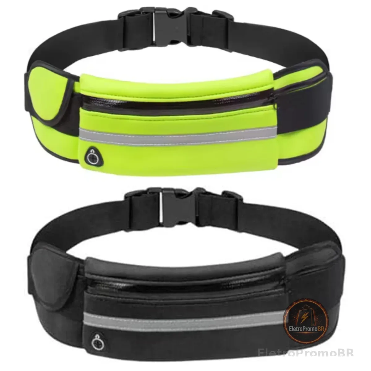 Pochete Esportiva Impermeável Kit com 2 Unidades para Corrida Academia Caminhada Ciclismo Ajustável até 120 cm 3 Compartimentos para Celular Chaves Documentos Doleira Esportiva (Preto + Verde Flúor)