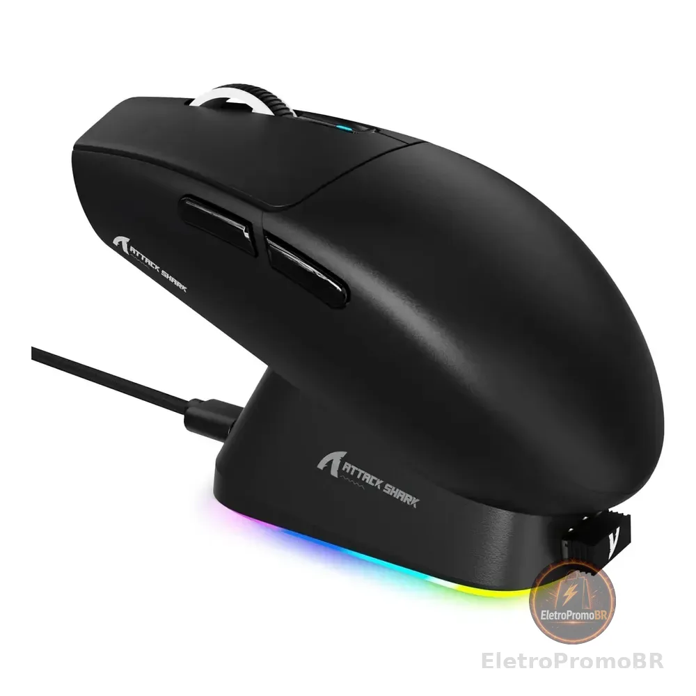 Mouse Gamer Attack Shark G3pro Sem Fio 25000 Dpi Dock Rgb Preto