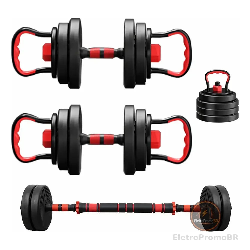 Kit Halteres 6 Em 1 Peso Musculação 15kg Ajustável Halter Preto-vermelho