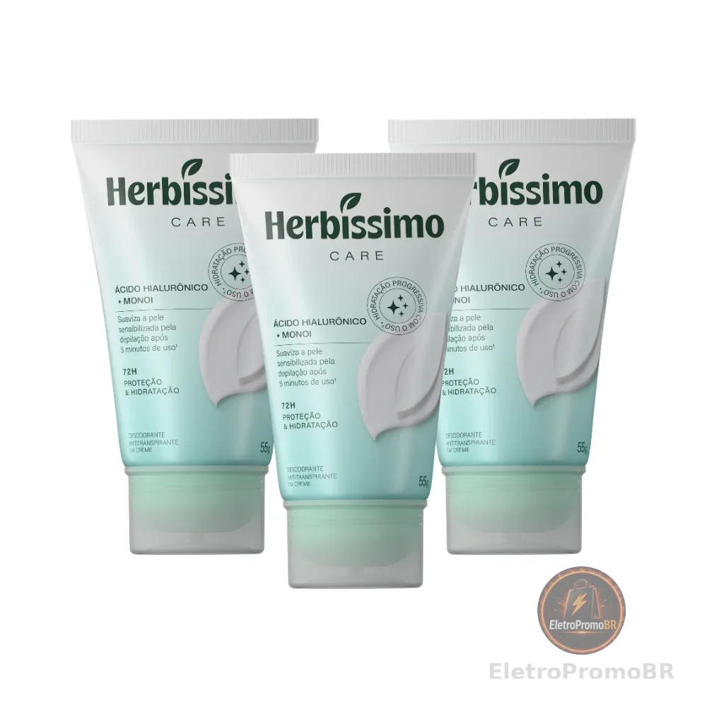 Kit Creme Desodorante Antitranspirante Herbíssimo Bisnaga Care Monoi E Ácido Hialurônico 55g (3 unidades)