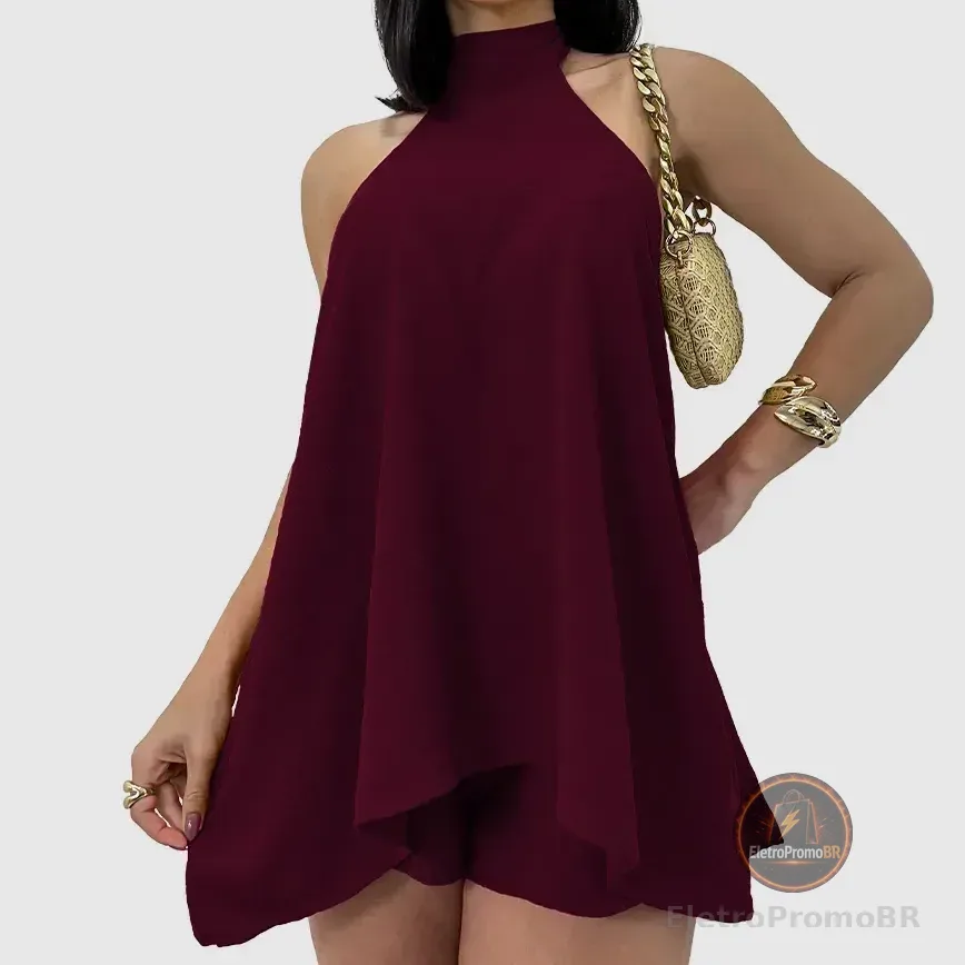 Conjunto Feminino Vestido Soltinho Frente Unica Short Verão Vinho Único