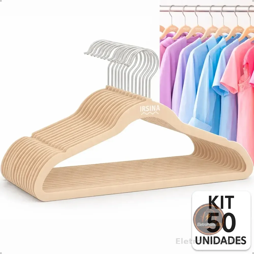 Kit 50 Cabides Veludo Bege Antideslizante Slim Irsina Aço Inox
