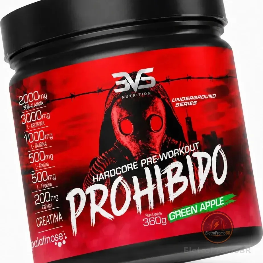 Pré-Treino PROHIBIDO 360g em Pó de Maçã Verde para Energia e Foco