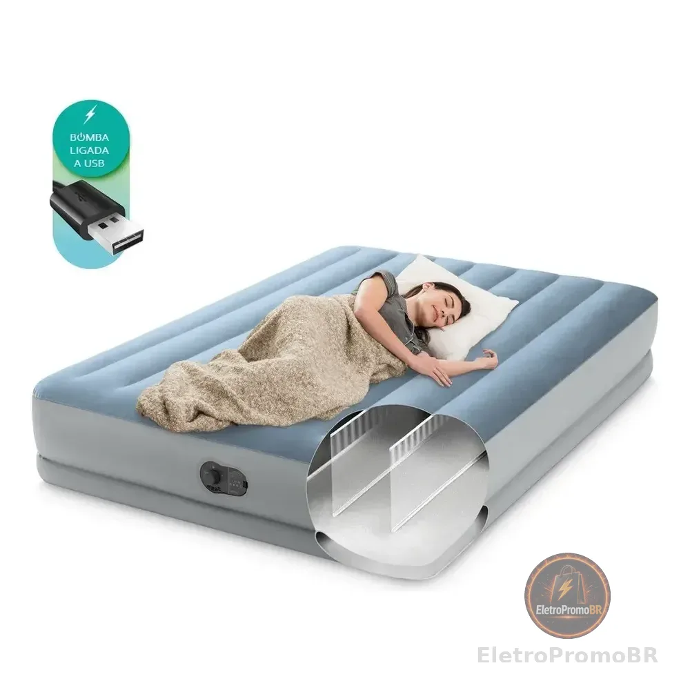 Colchão Inflável Casal Queen Com Bomba Embutida Usb Intex 64159 Azul