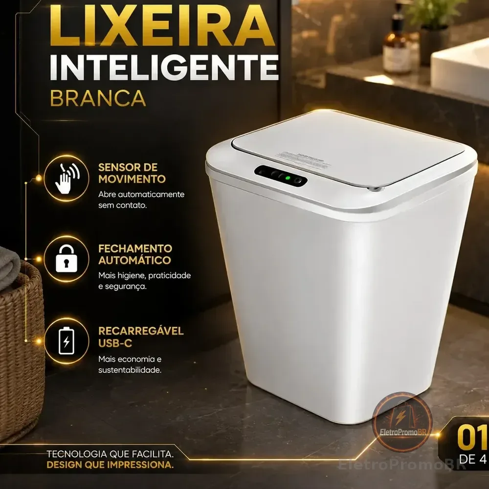Lixeira Inteligente Automática Branca Universal Com Sensor Hearbuds Recarregável Anti Odor 16L