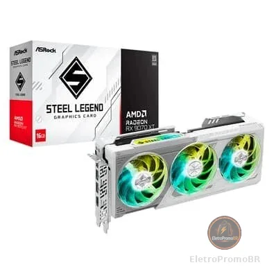 Placa de Vídeo ASRock RX 9070 XT Steel Legend AMD Radeon, ARGB, 16GB, GDDR6, 2970MHz, FidelityFX, RDNA - 90-GA5DZZ-00UANF