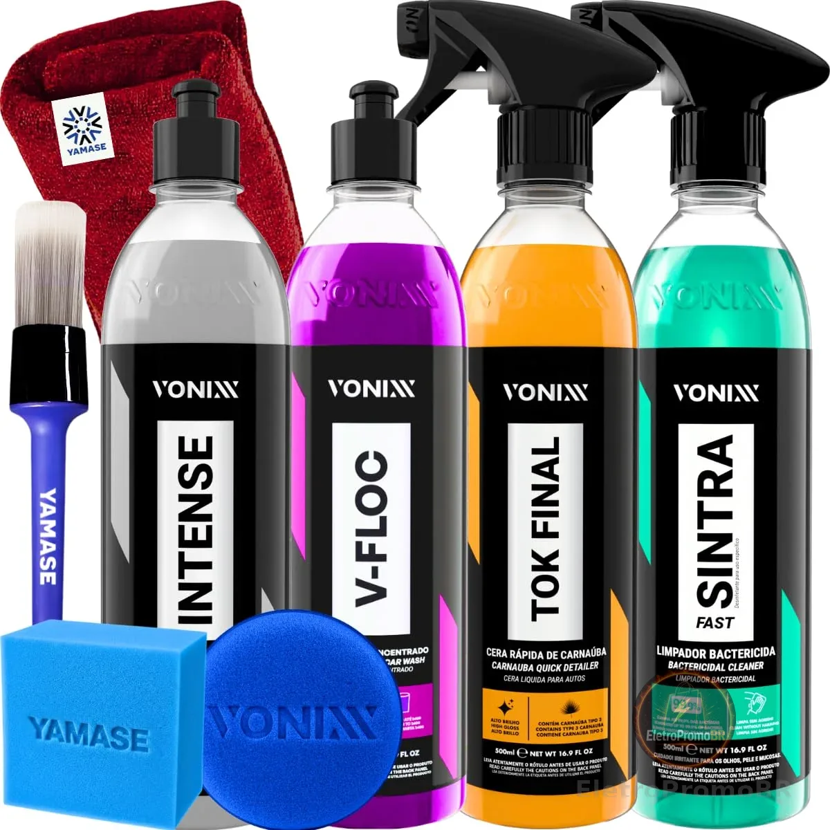 Kit Lavagem Automotiva Completa Vonixx Cera Automotiva Carnauba Tok Final V-Floc Revitalizador de Plasticos intense Sintra fast Pinceis Espuma Yamase