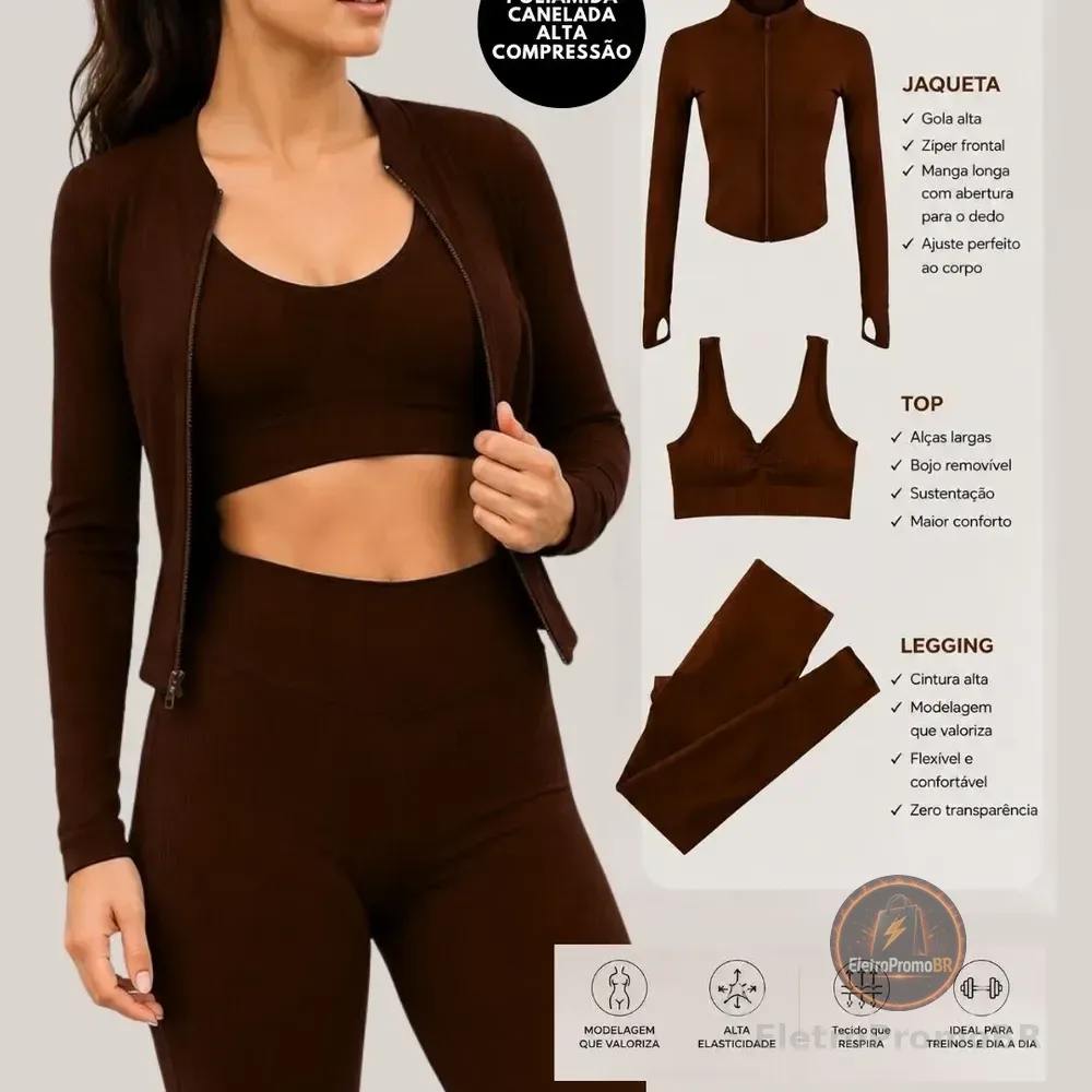 Conjunto Fitness 3 Peças Poliamida: Jaqueta+ Top+ Legging Marrom P-m