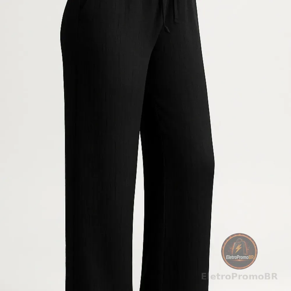 Calça Feminina Alfaiataria Wide Leg Social Pantalona Preta P