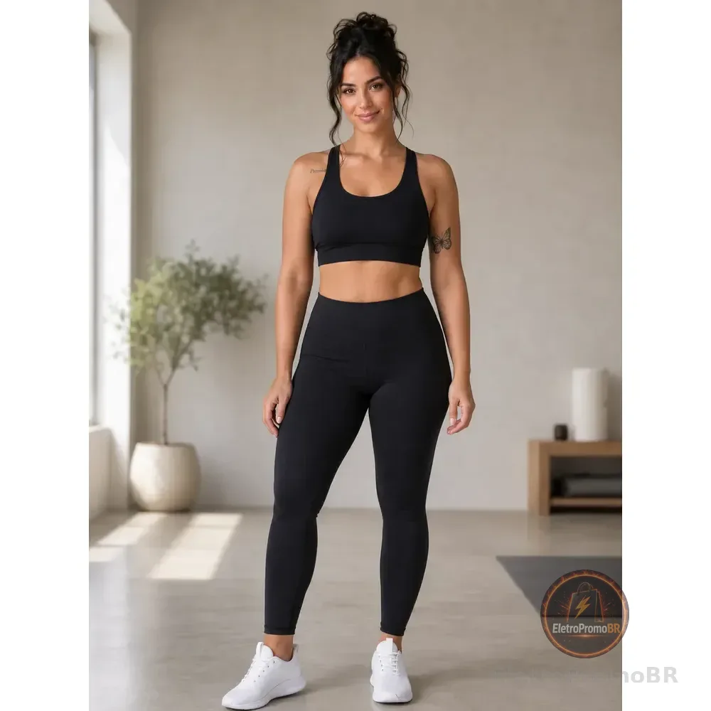 Conjunto Calça Legging E Top Roupas Para Academia Feminina Preto Liso M