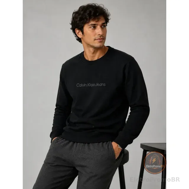 Moletom Calvin Klein Crewneck Light Front Logo Preto
