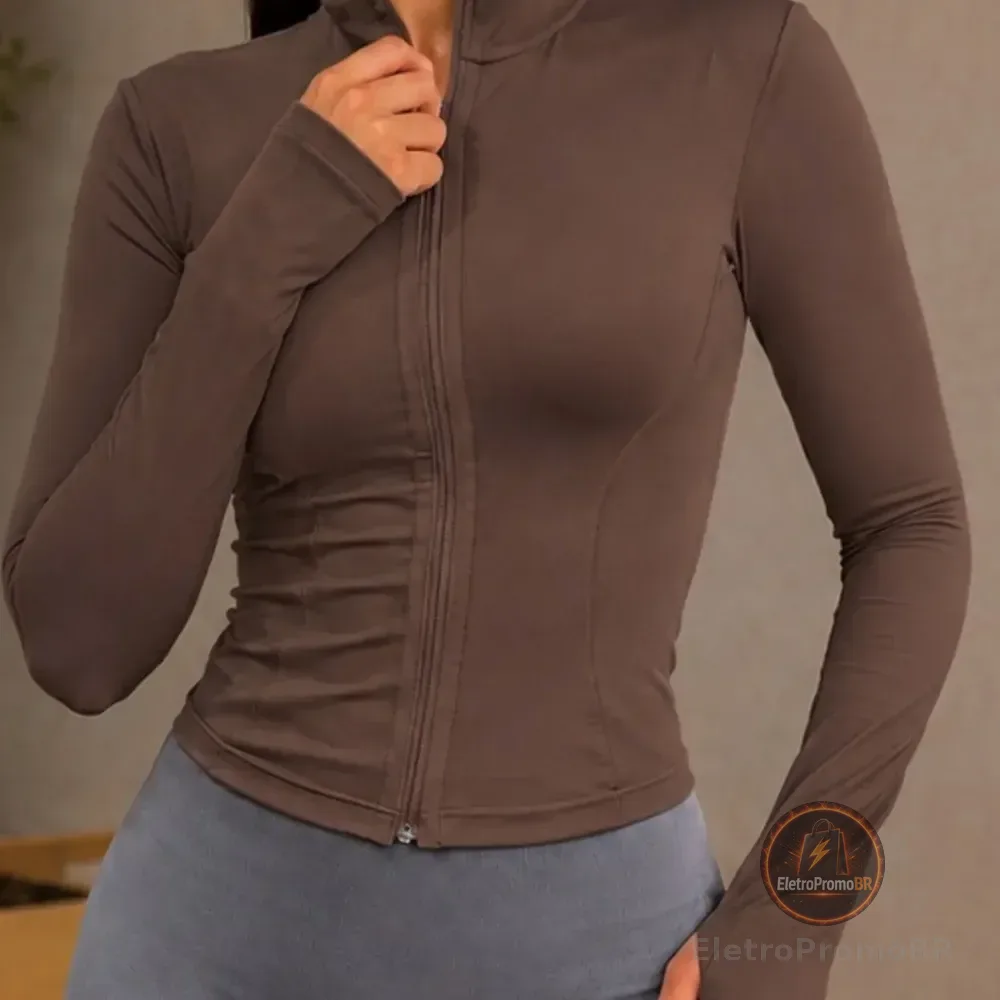 Jaqueta Yoga Fitness Feminina Zíper Manguito Academia Marrom M
