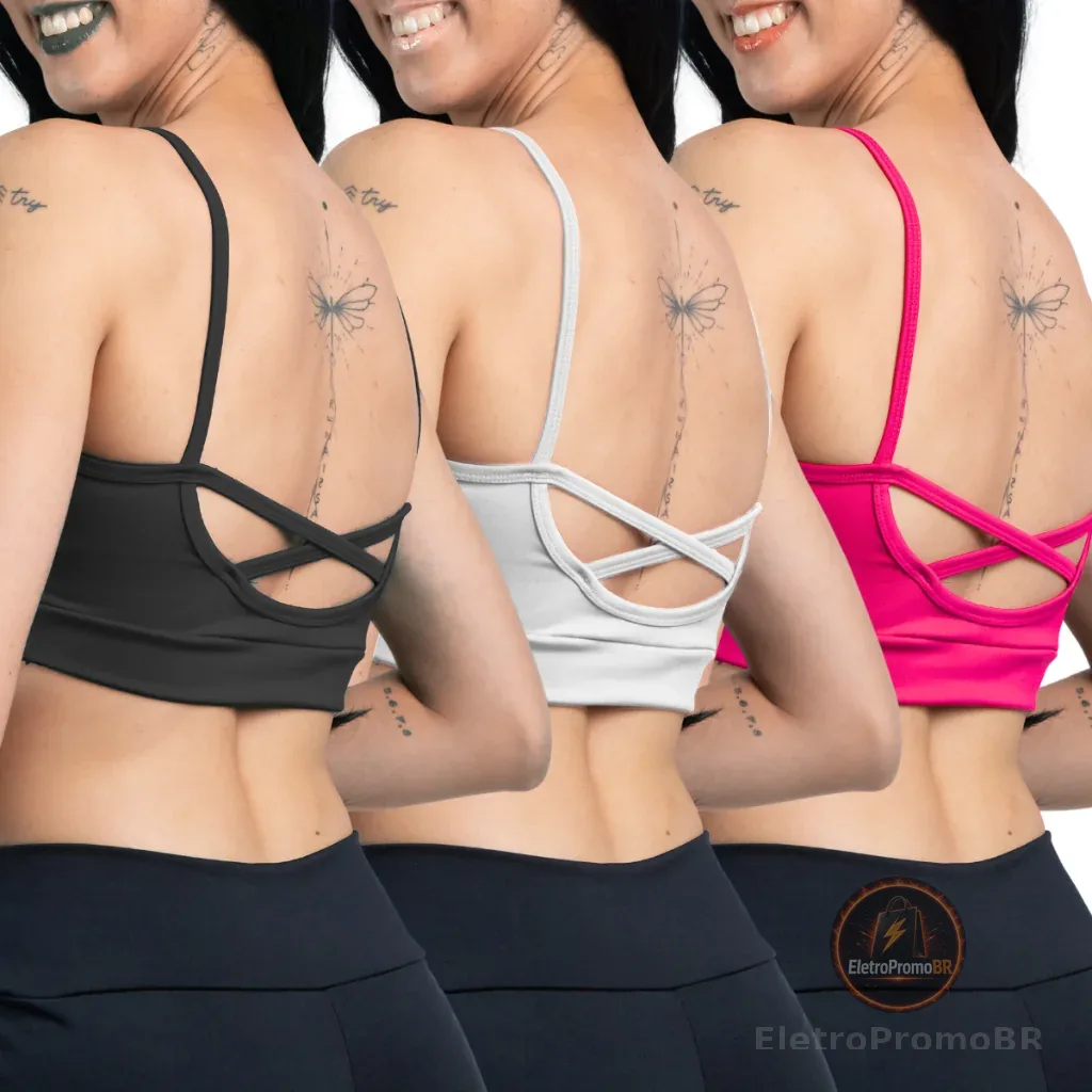 KIT 03 - Top Academia Alcinha Fitness Com Cruzado nas Costas Suplex Power - Costas Xis Top Fitness - Varias Cores