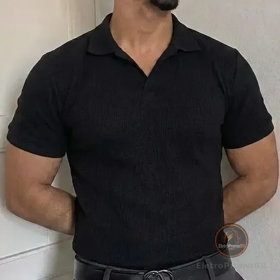 Camiseta Gola Polo Masculina Minimalista Tecido Texturizado Preto Liso M Texturizado