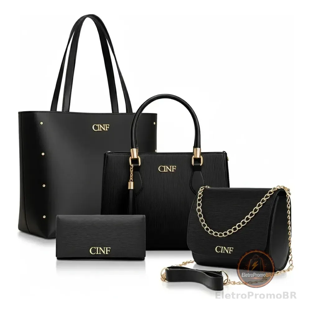 Kit Bolsas Feminina Sacola Transversal Tira Colo Carteira Cor Preta Liso Ouro Preto