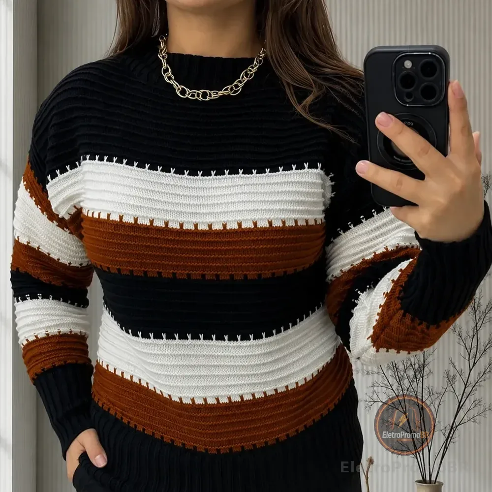 Blusa De Frio Listrada Suéter Feminino Tricot Moda Tricô Preta Listra Único