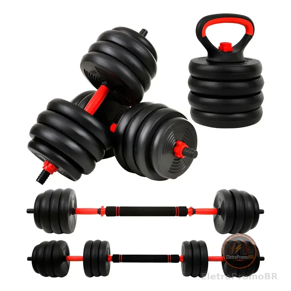Kit 6 em 1 Halteres e Anilhas Ajustáveis Kettlebell Fit Cor Preto Sagatini 15kg