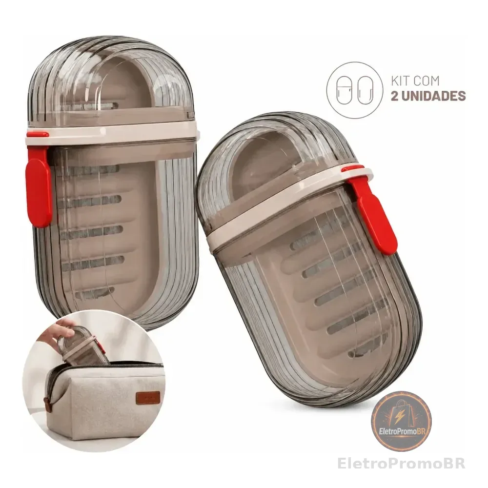 Kit 2 Saboneteira Viagem Com Estojo Dupla Drenagem E Trava Marrom