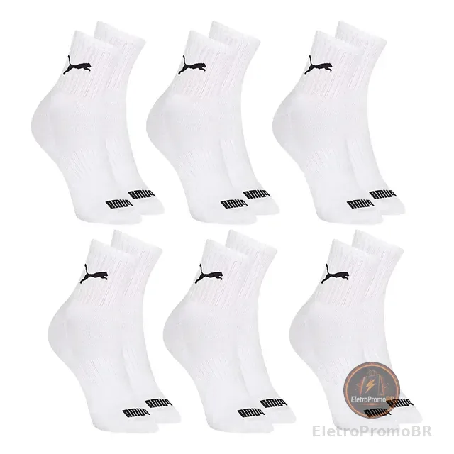 6 Pares Meias Puma Cano Médio Alto Atoalhada Academia Sport