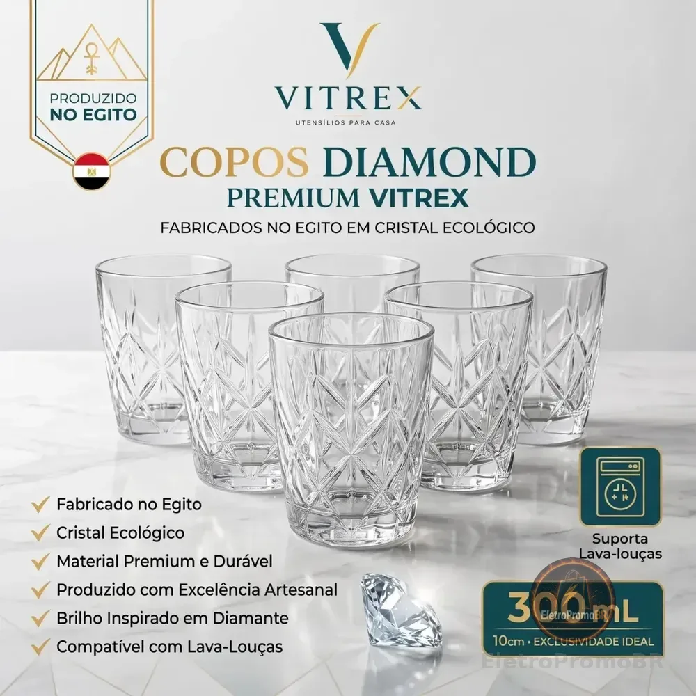 Jogo 6 Copos Diamond Egipcio 300ml Vidro Grosso Diamante Luxo Transparente Vitrex