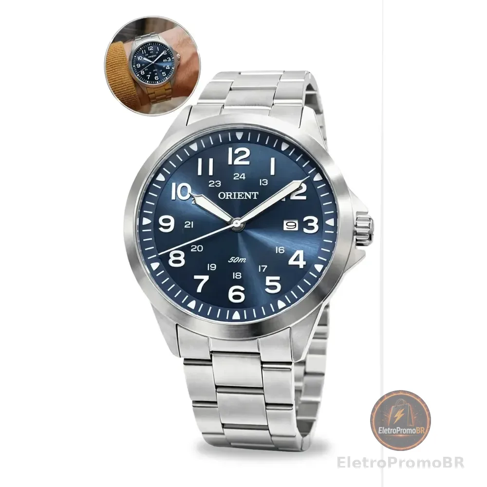 Relógio Orient Eternal MBSS1380 Cor Prateado com Fundo Azul