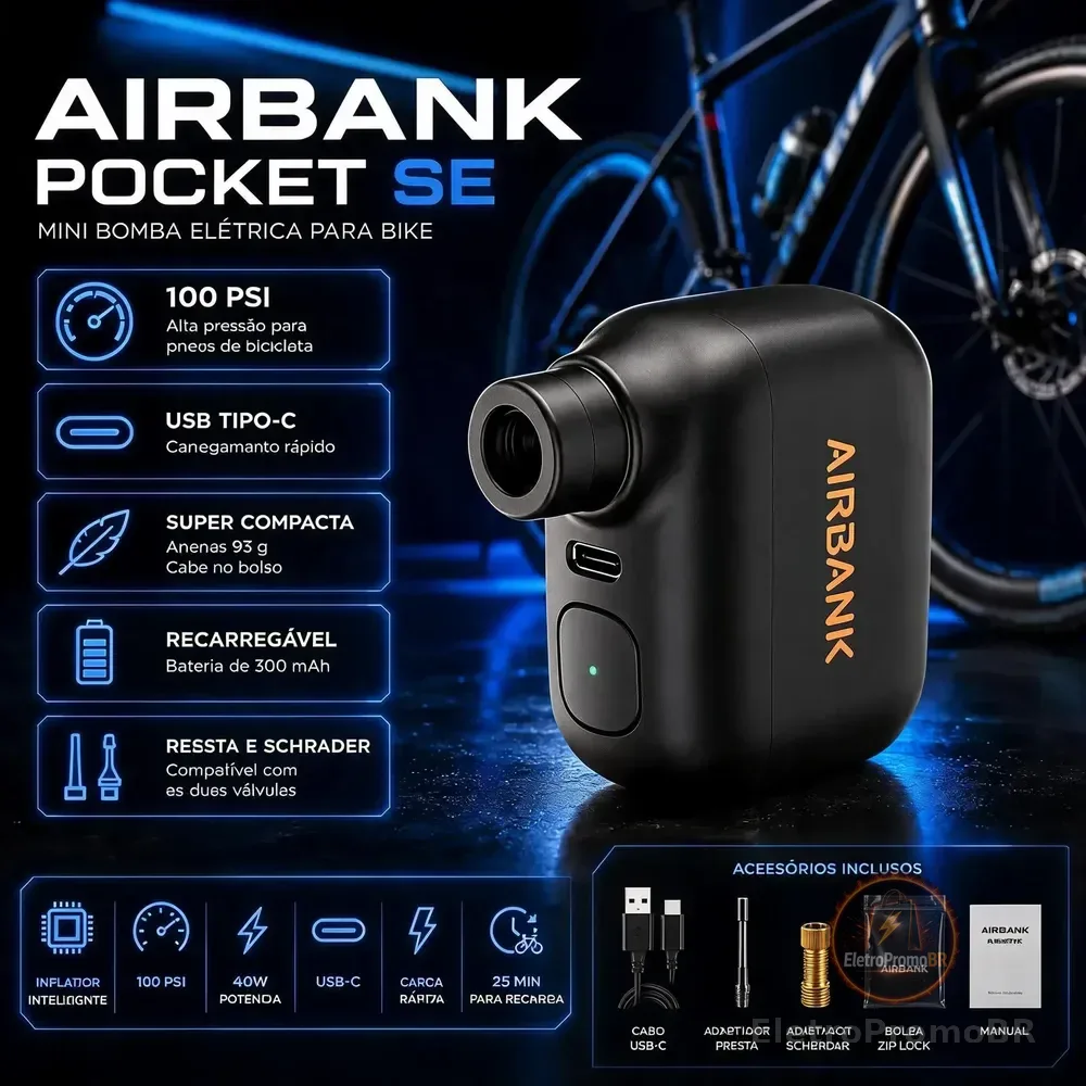 Mini Bomba De Bicicleta Elétrica Ultraleve Airbank Cor Preta Preto
